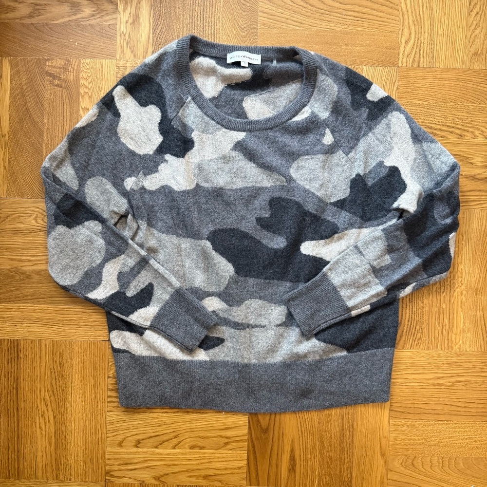 🖤 White + Warren 100% Cashmere Grey Camo Camouflage Sweater